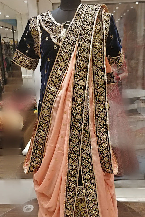 Peach & Navy Blue Georgette Khadadupatta  With Stone & Zari Borders