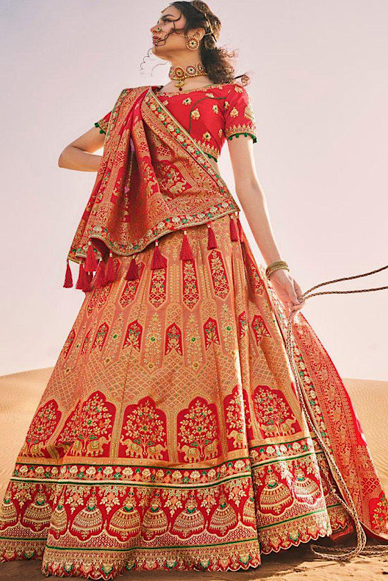 Scarlet Red Embroidered Banarasi Silk Lehenga Choli .