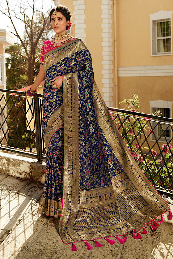 Blue Banarasi Woven Silk Saree With Heavy Embroidery Blouse