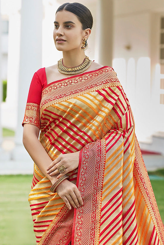 Scarlet Red Zari Woven Leheriya Banarasi Silk Saree