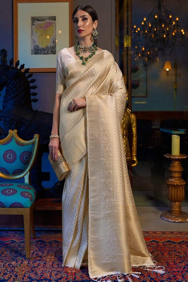 Cream Golden  Kanjivaram Silk Saree