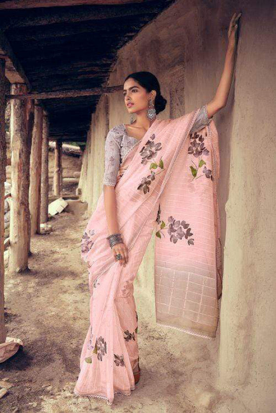 Icy Pink Floral Organza Saree