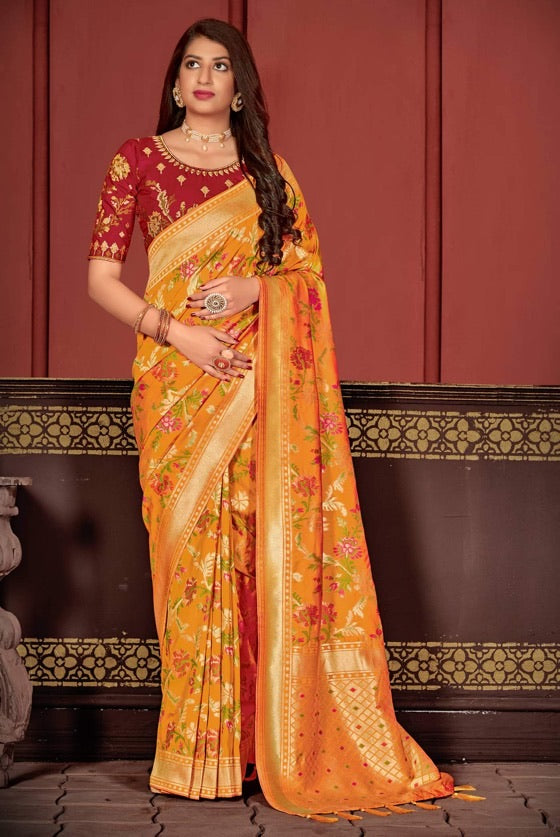 Designer Mustard Red  Super Soft Banarasi Silk Saree With Floral Motifs.