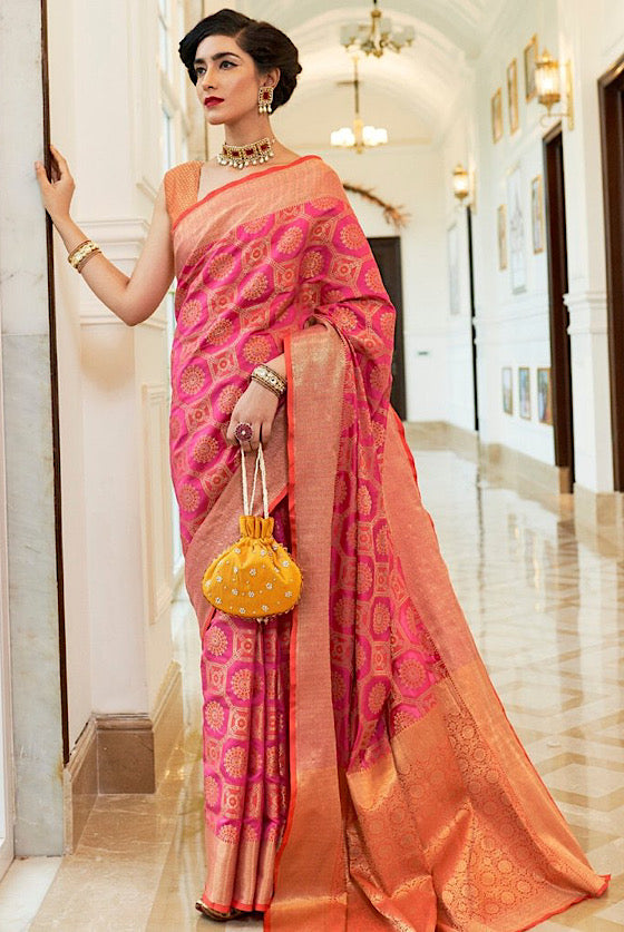 Pink Patola Silk Saree With Antique Golden Border