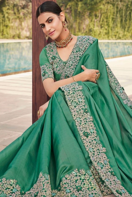 Sea Green Designer Satin Georgette Saree With Embroidered Blouse