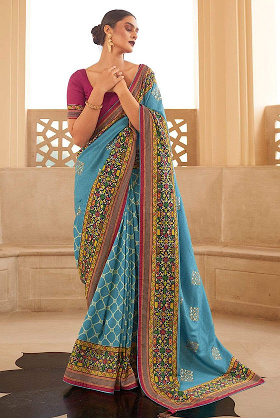 Light Blue Designer Printed Silk Saree