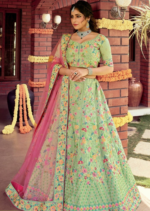 Kelly Green Raw Silk Lehenga Choli With Sequins, Resham & Zarkan Work