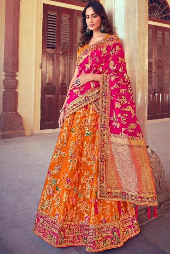 Orange & Pink Banarasi Silk Lehenga Choli With Heavy Embroidery Blouse & Border