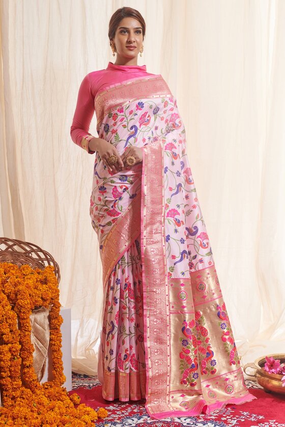 Pastel Pink Woven Paithani Silk Saree With All Over Jal