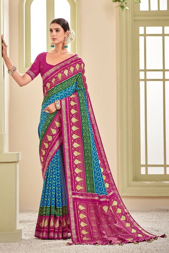 Green & Pink Woven Patola Silk Saree