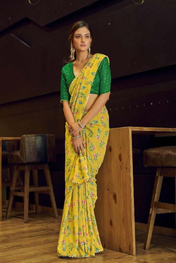 Yellow Printed Silk Saree With Sequins Blouse