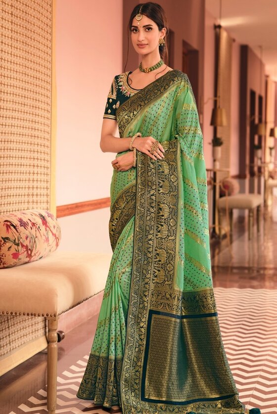 Fern Green Woven Banarasi Silk Saree With Embroidered Blouse