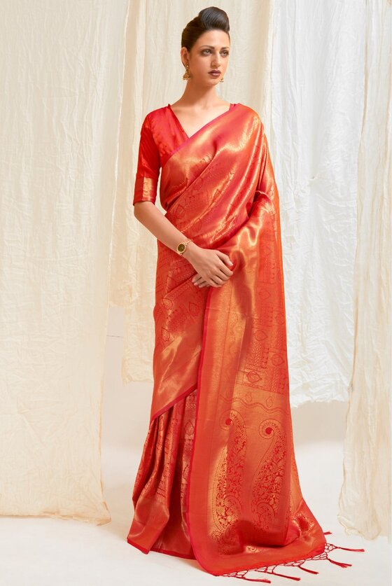 Golden Red Woven Kanjivaram Saree