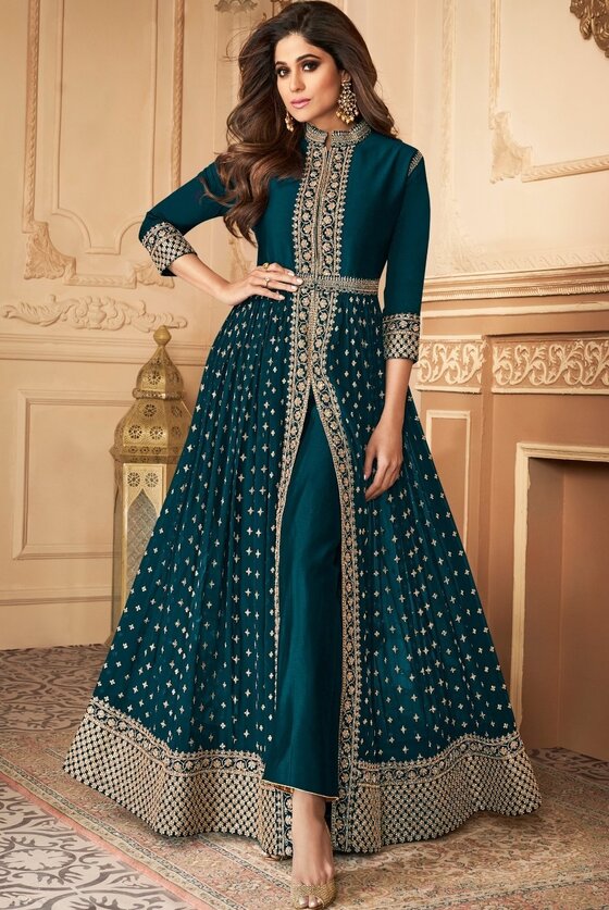 Peacock Blue Long Semi Stitched Anarkali With Intricate Embroidered Work