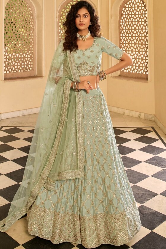 Sage Green Crepe Lehenga Choli With Gota, Dori & Zarkan Work