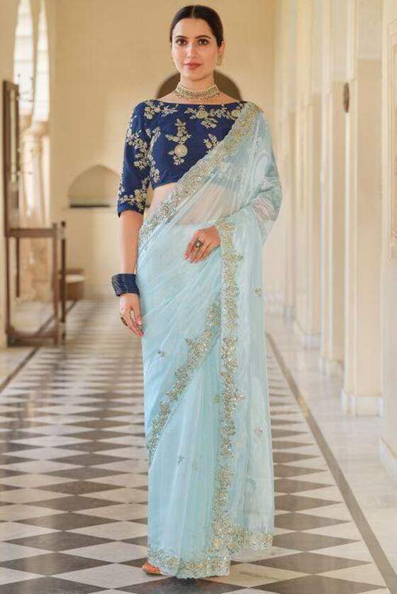 Blue Exclusive Organza Designer Saree