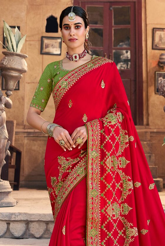 Red Designer Embroidered Silk Saree