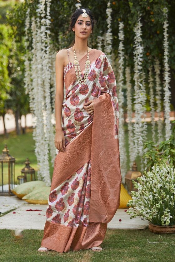 Lily White Silk Saree With Kashmiri Floral Print