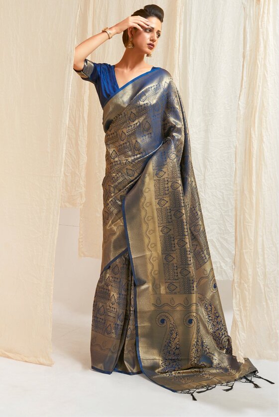 Golden Blue Woven Kanjivaram Saree