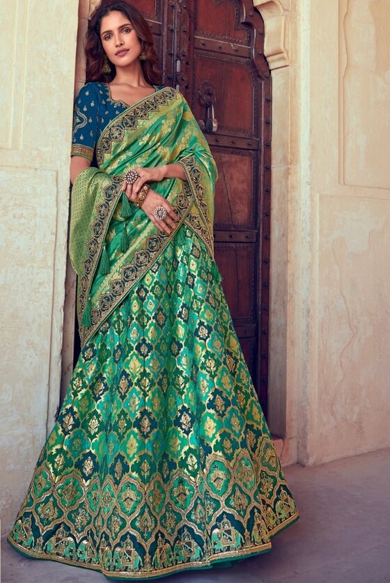 Green & Blue Banarasi Silk Lehenga Choli With Heavy Embroidery Blouse & Border