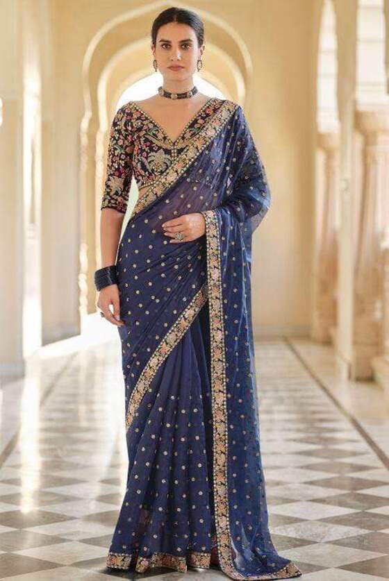 Blue Exclusive Organza Designer Saree