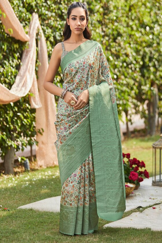 Mint Green Silk Saree With Kashmiri Floral Print