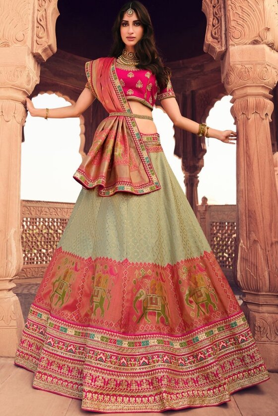 Green & Pink Banarasi Silk Lehenga Choli With Heavy Embroidery Work