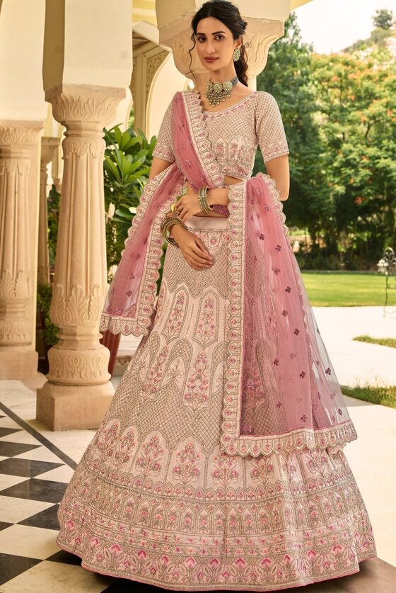 Ivory Pink Crepe Lehenga Choli With Zari, Sequins, Dori, Thread & Zarkan Work