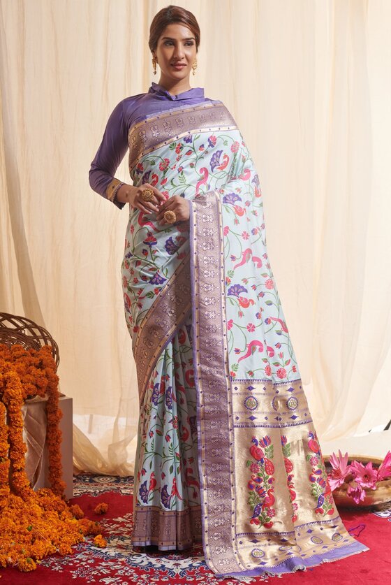 Pastel Blue Woven Paithani Silk Saree With All Over Jal