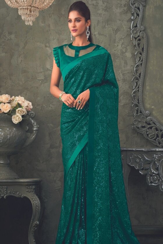 Green Sequins Designer Georgette Saree