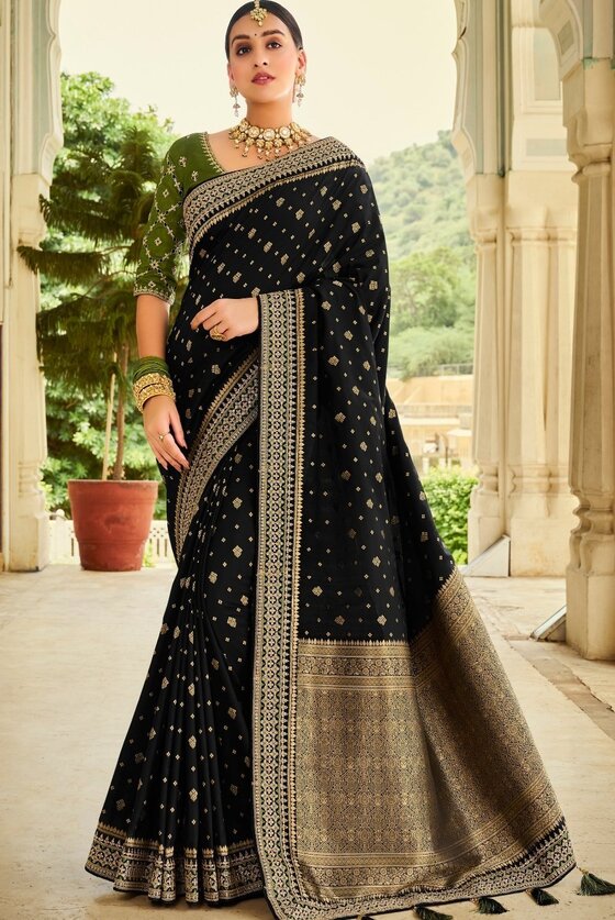 Black Exclusive Banarasi Silk Saree With Embroidered Blouse