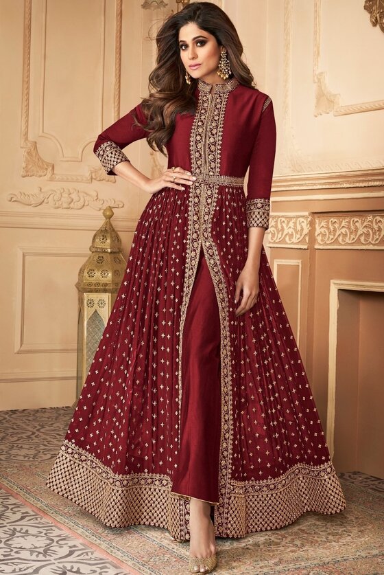 Maroon Red Long Semi Stitched Anarkali With Intricate Embroidered Work