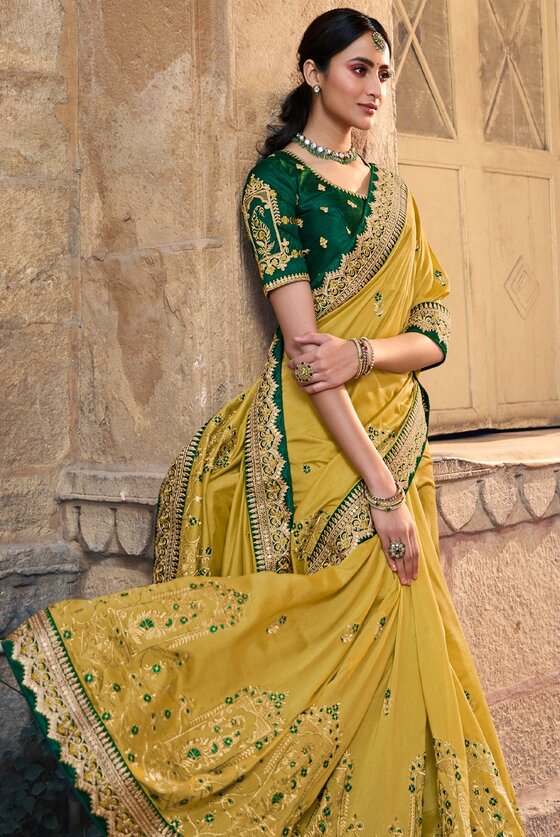 Green Designer Embroidered Silk Saree