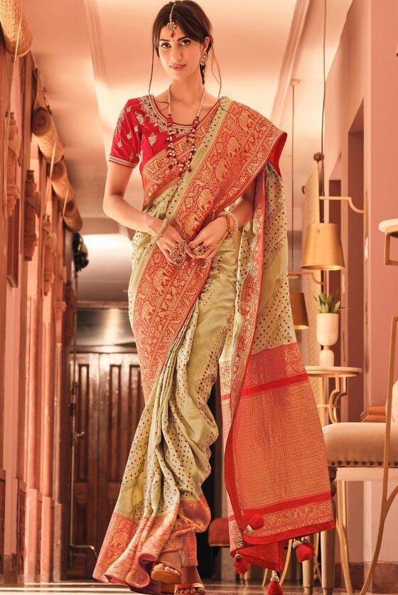 Sage Green Woven Banarasi Silk Saree With Embroidered Blouse