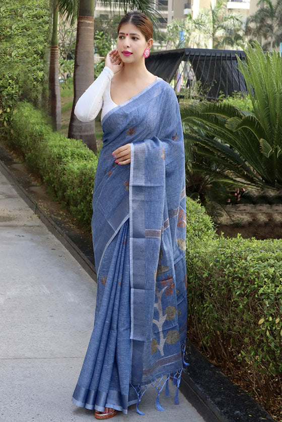 Dusty Blue Linen Cotton Saree With Copper Zari Weaving Pallu