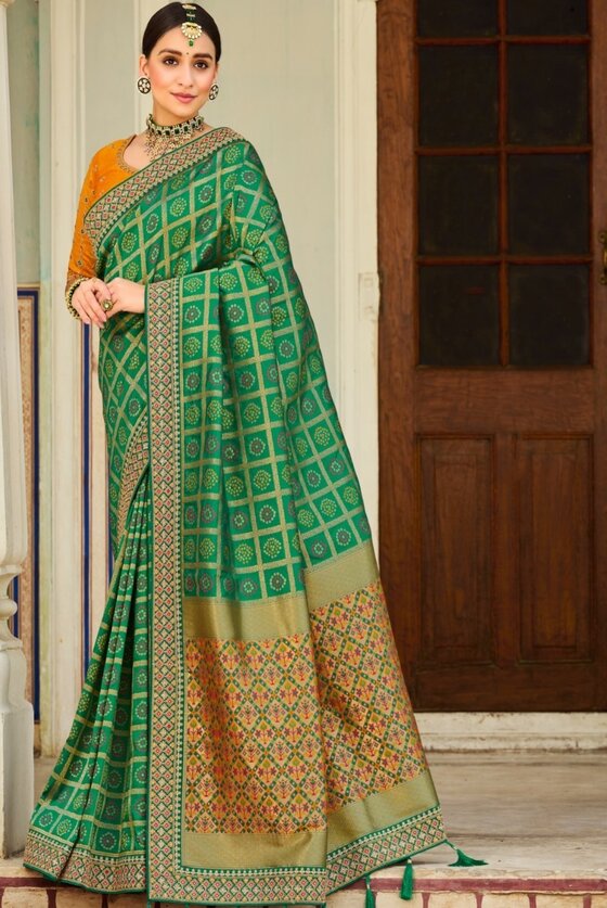 Shamrock Green Banarasi Silk Saree With Embroidered Blouse