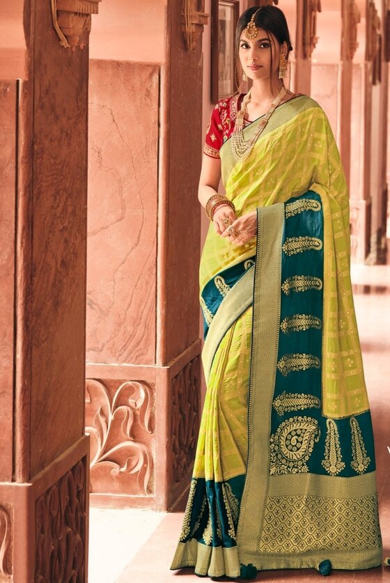 Lime Green Woven Banarasi Silk Saree With Embroidered Blouse