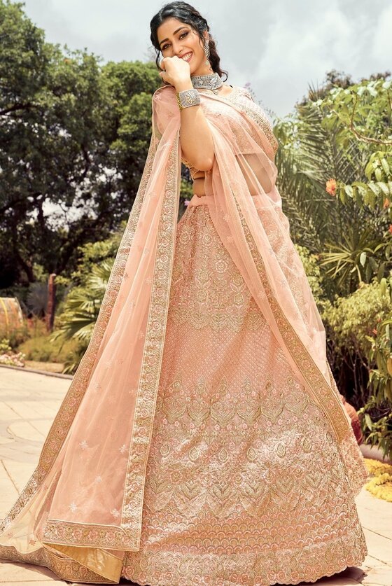 Peach Pink Organza Lehenga Choli With Resham, Dori & Zari Work