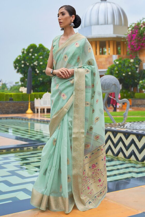 Green Woven Banarasi Linen Saree