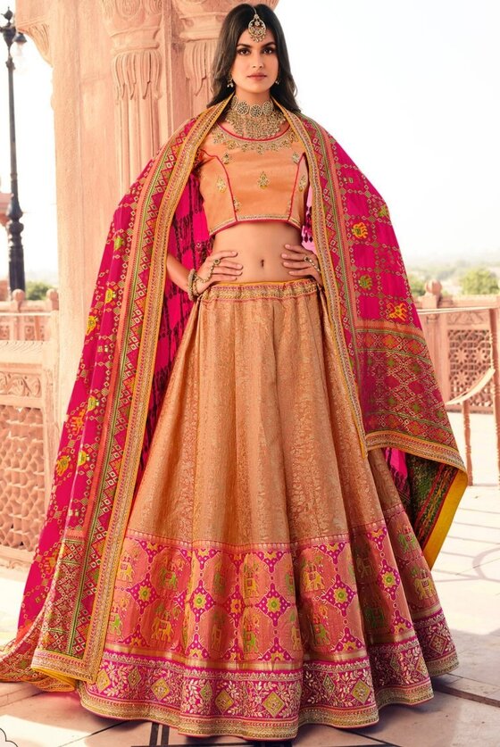 Salmon Pink & Magenta Banarasi Silk Lehenga Choli With Heavy Embroidery Work