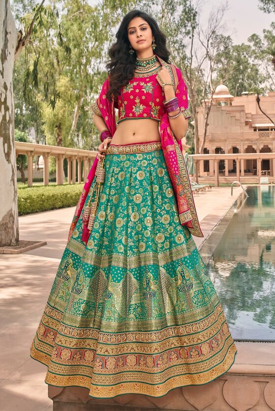 Green And Pink Hand Heavy Embroidered Banarasi Lehenga Choli