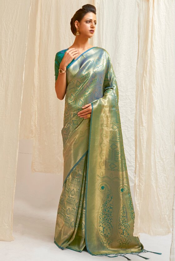 Golden Green Woven Kanjivaram Saree