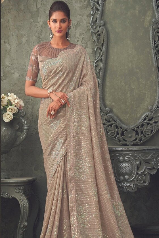 Brown Sequins Designer Georgette Saree