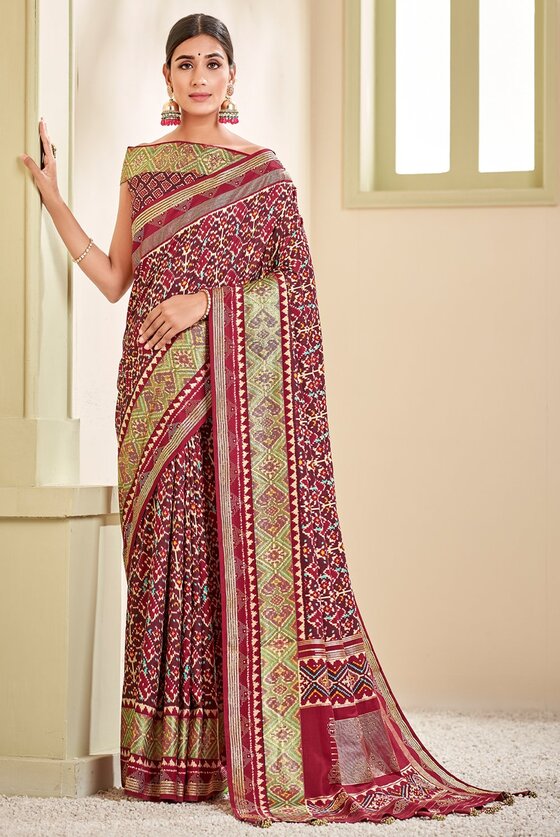 Wine Red Woven Patola Silk Saree