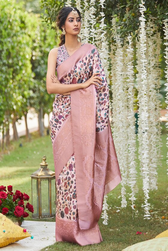 Rose Pink Silk Saree With Kashmiri Floral Print