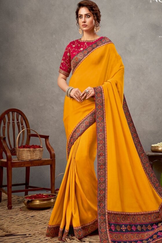 Golden Yellow Satin Silk Saree With Zari & Sequins Embroidery