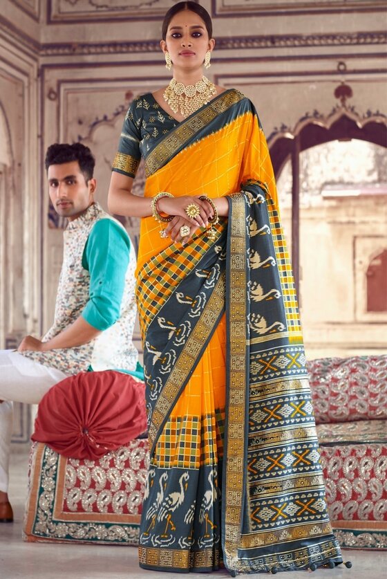 Tuscany Yellow & Grey Patola Silk Saree With Zari Border Pallu & Stone Work