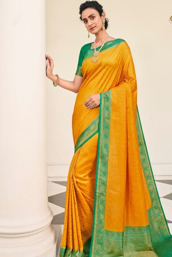 Tuscany Yellow Woven Kanjivaram Silk Saree With Contrast Border & Pallu