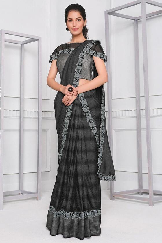 Obsidian Black Ready to wear designer Lycra Silk saree