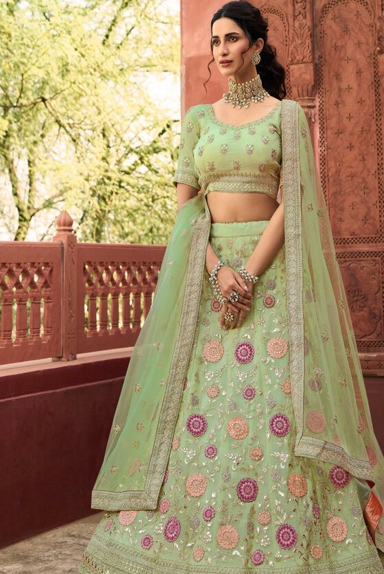 Pastel Green Organza Lehenga Choli With Dori, Thread & Zarkan Work